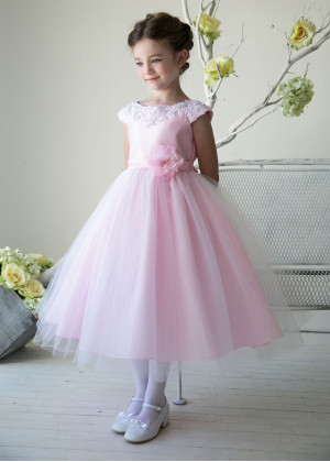 Cap Sleeves Satin Tulle Tea Length Flower Girl Dress With Flower Sash